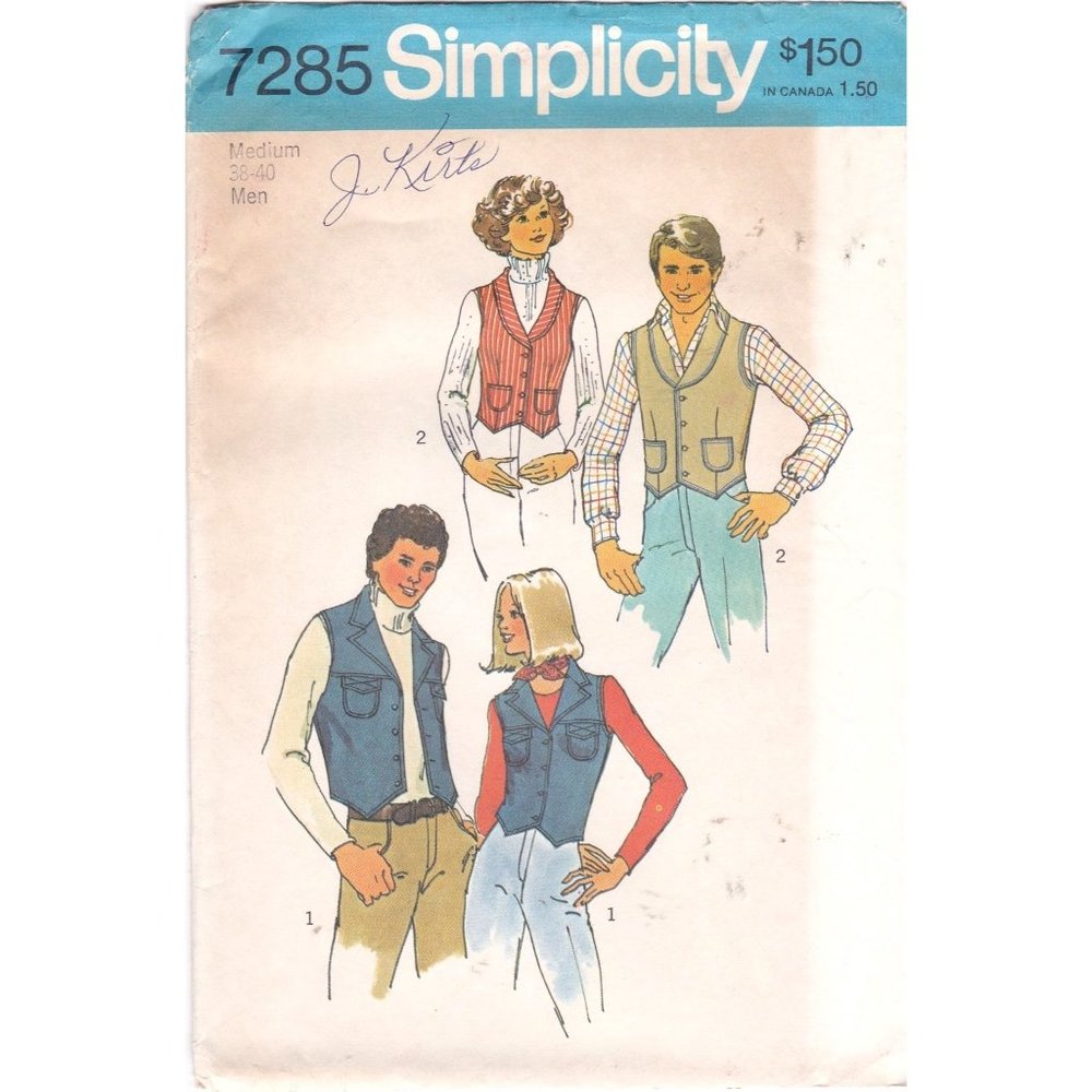 UNCUT Vintage Sewing PATTERN Simplicity 7285, Mens and Misses 1975 Unlined Vest